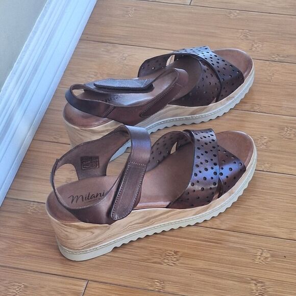 Brown Leather Wedge Heel Sandal Platform Wood Look EU 40 Milianias Comfort Shoes - Picture 2 of 16